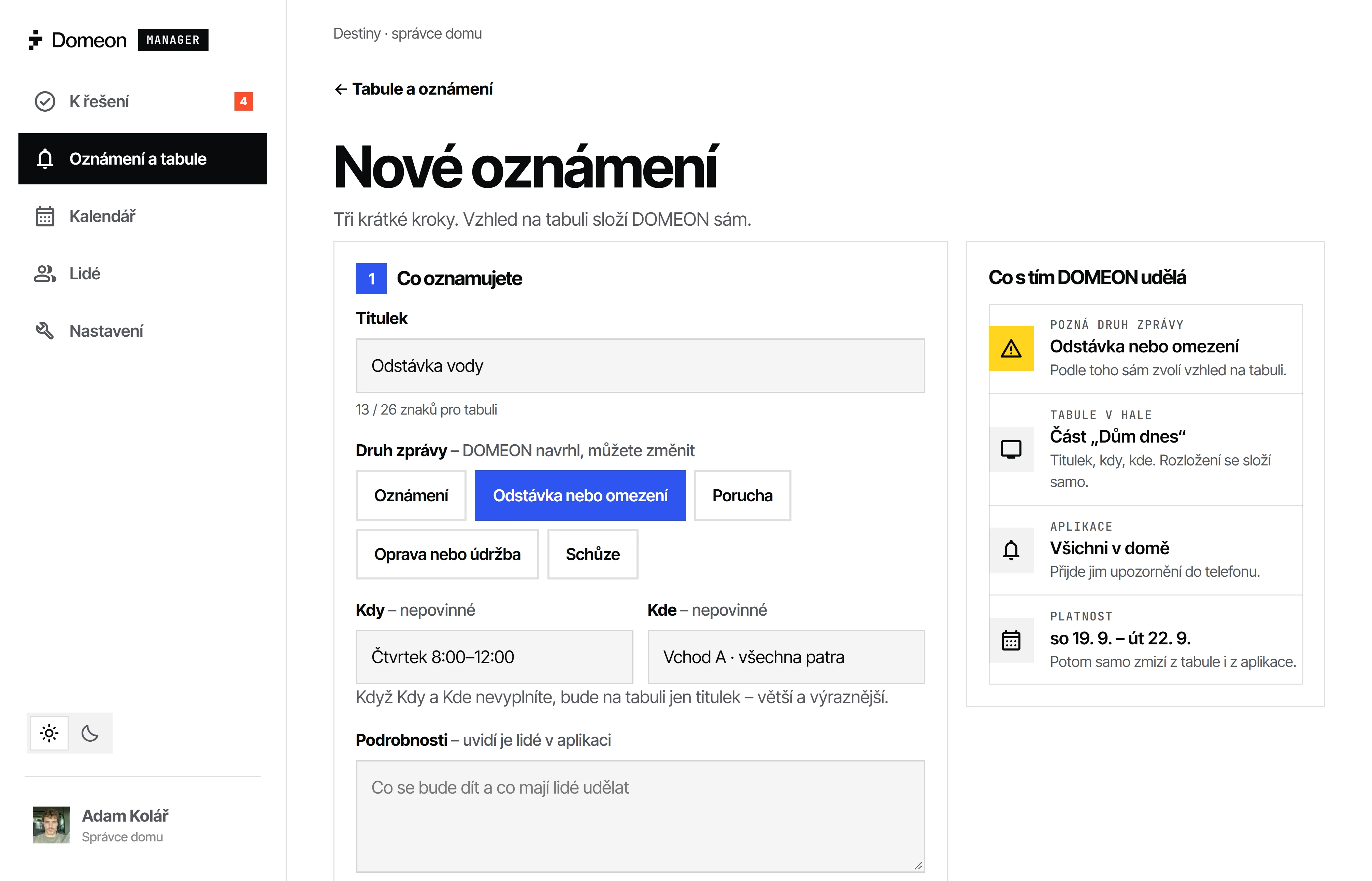 DOMEON – nové oznámení ve správě domu