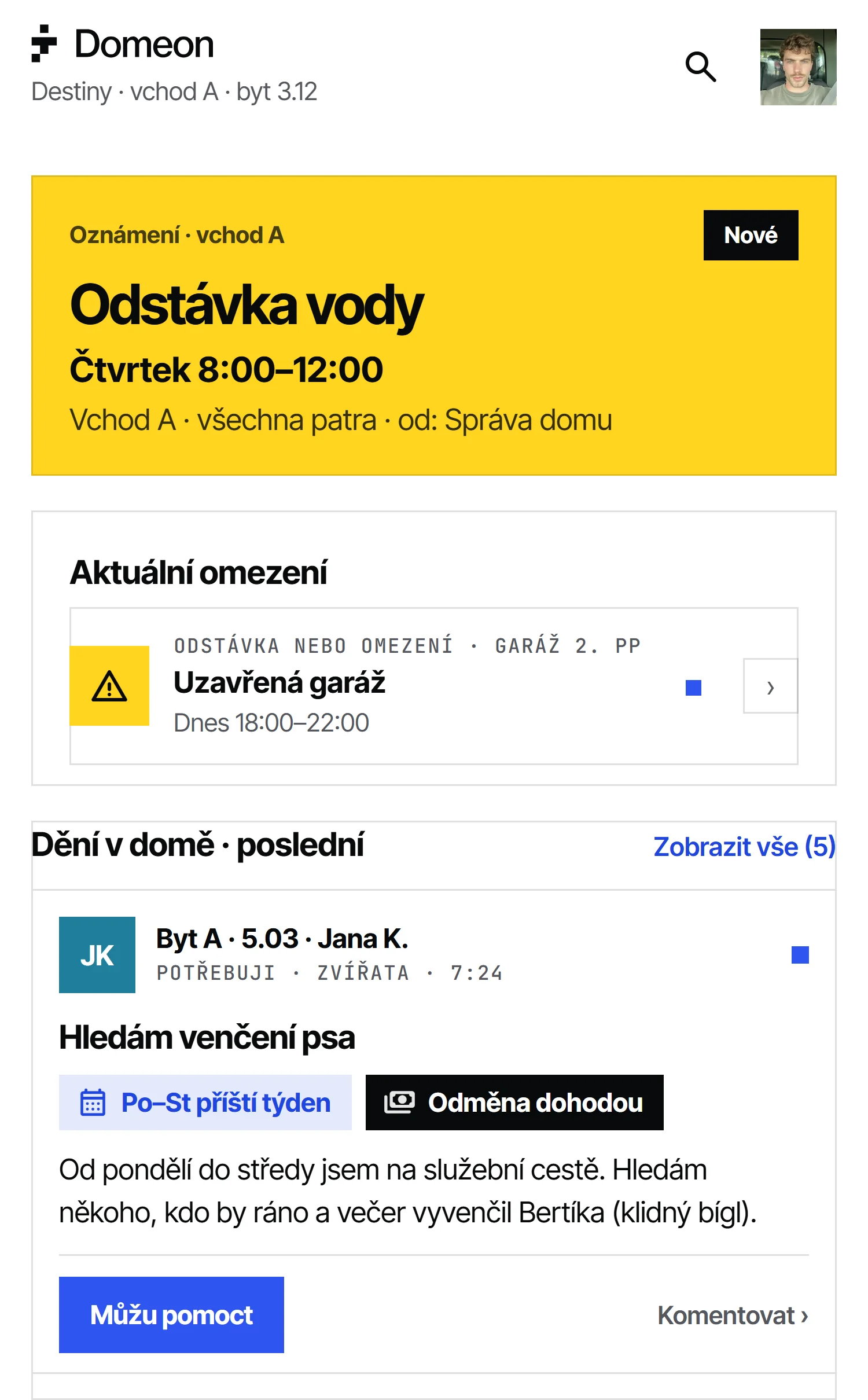 DOMEON – oznámení v aplikaci obyvatele